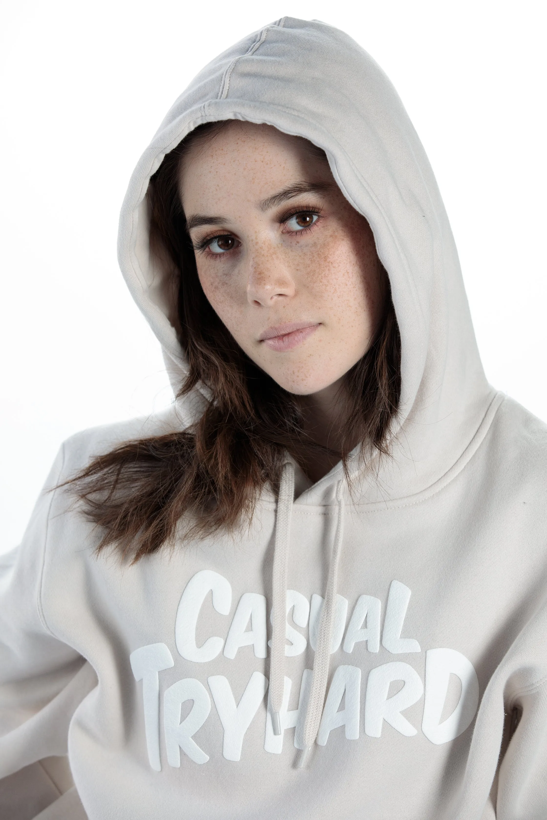 JUSTIN WONG - 'Casual Tryhard' Premium Puff Print Hoodie - Sand