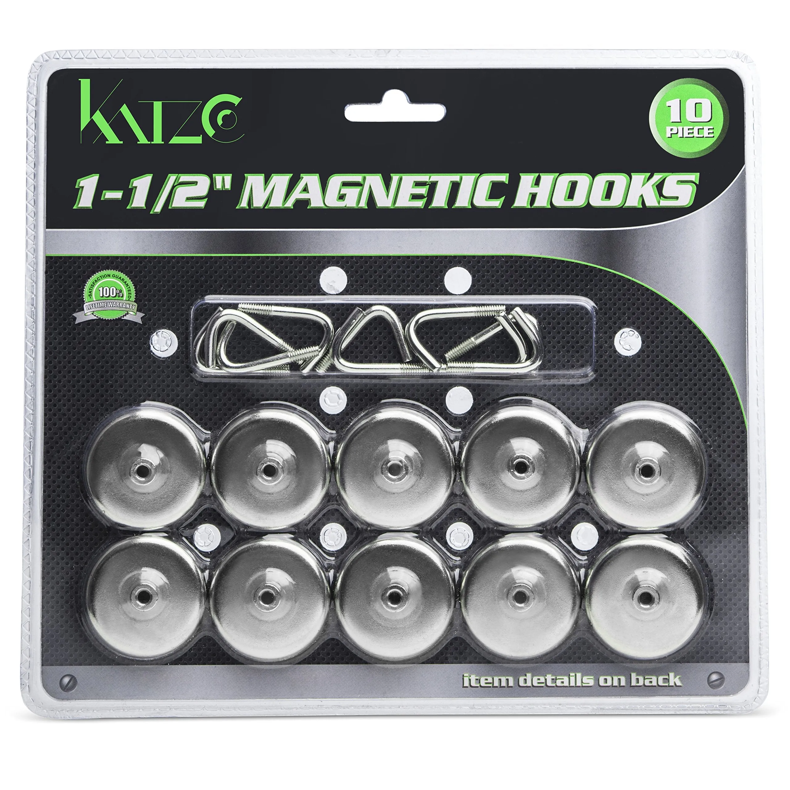 Katzco Magnetic Hooks - 10 Pack - 1.5 Inch - for Homes, Kitchens, Workshops, Garages