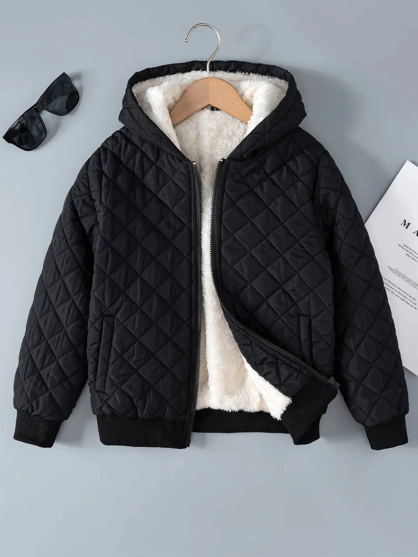 Kids Boys Teddy Lined Hooded Argyle Quilted Coat  Fleece Zipper Artificial Jacket