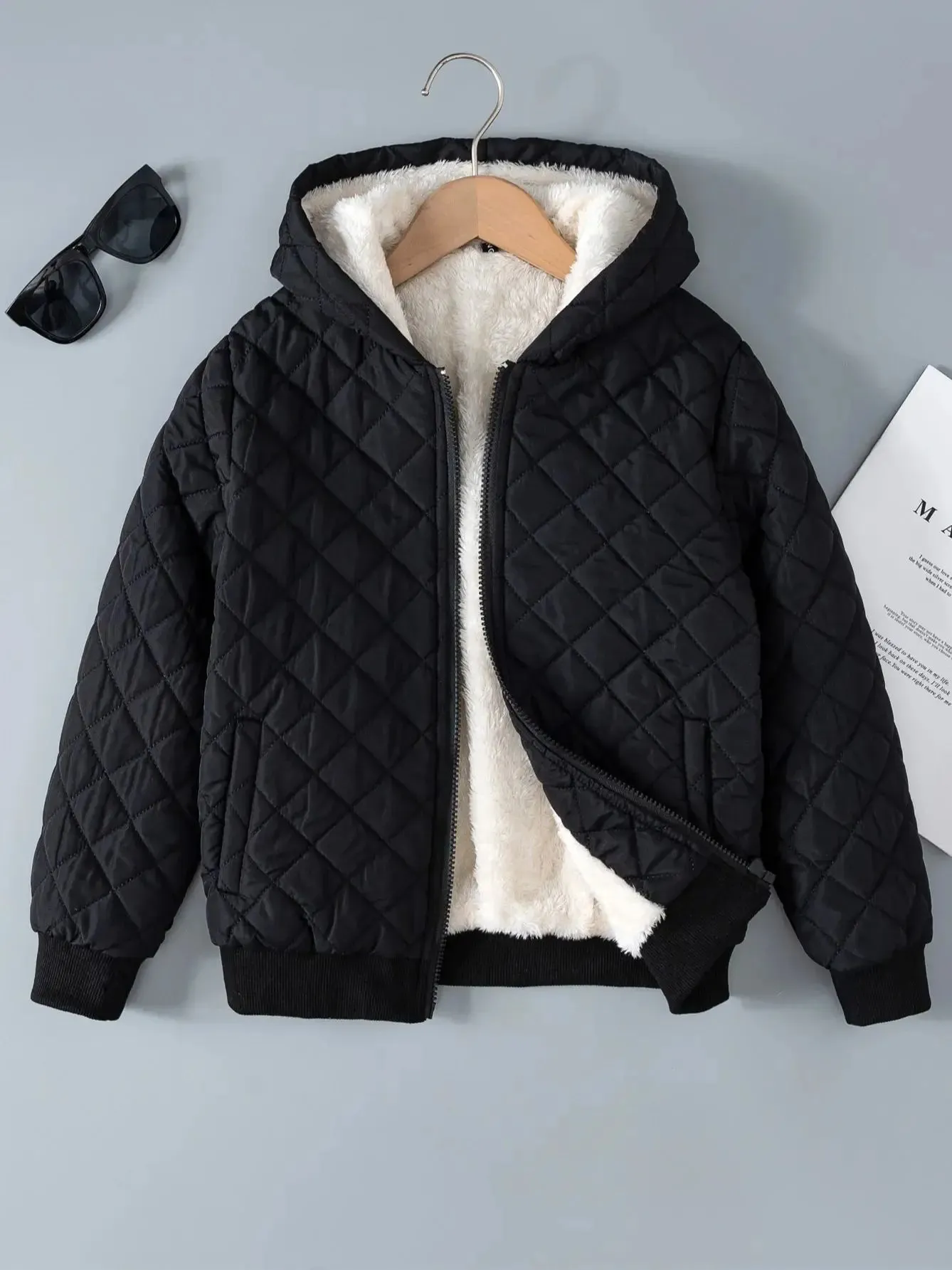 Kids Boys Teddy Lined Hooded Argyle Quilted Coat  Fleece Zipper Artificial Jacket