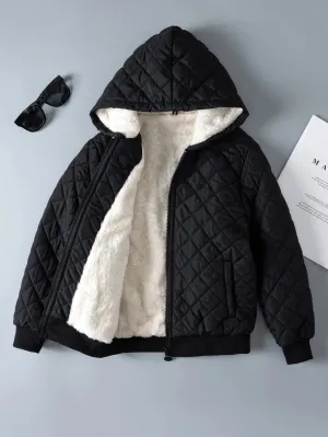 Kids Boys Teddy Lined Hooded Argyle Quilted Coat  Fleece Zipper Artificial Jacket