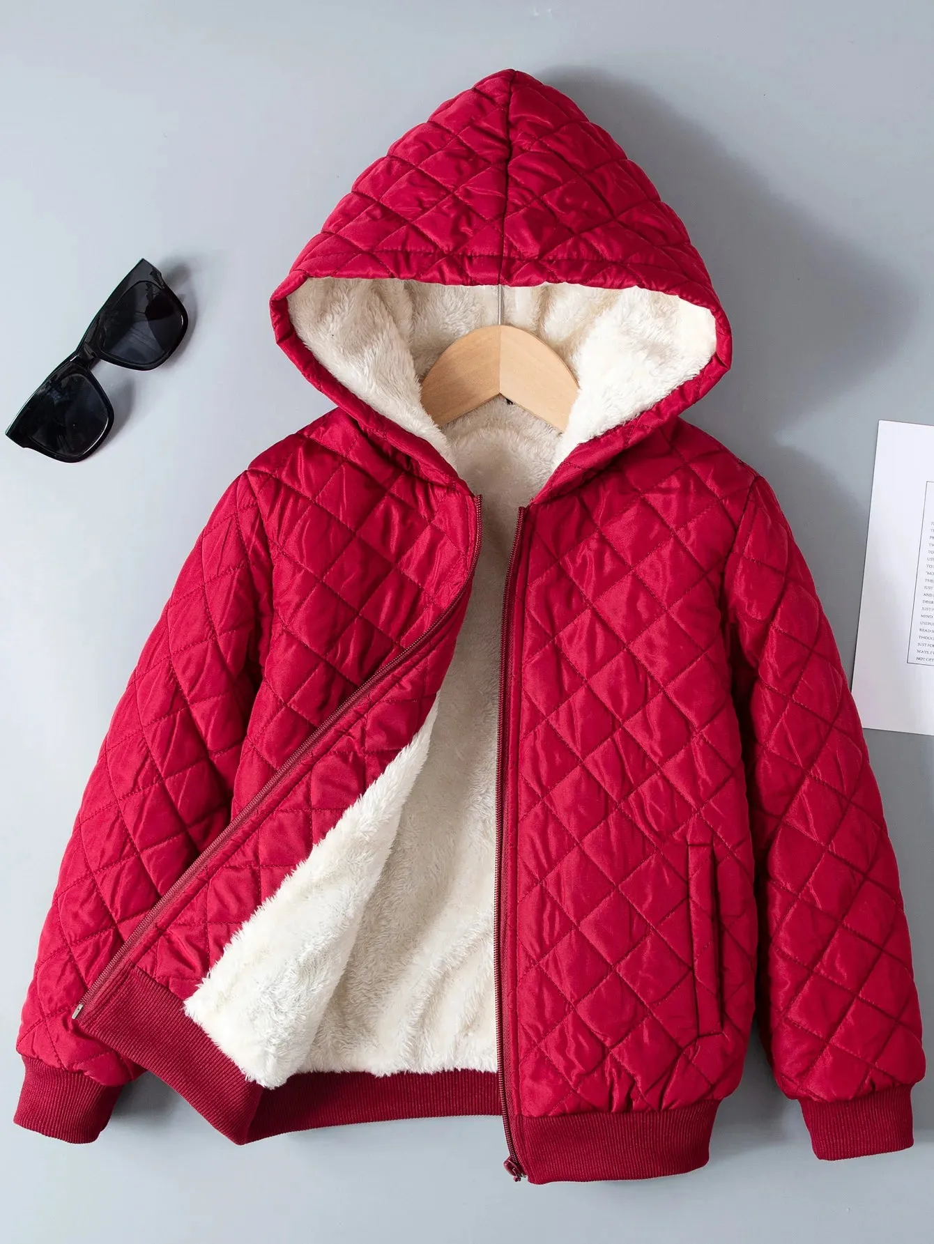 Kids Boys Teddy Lined Hooded Argyle Quilted Coat  Fleece Zipper Artificial Jacket