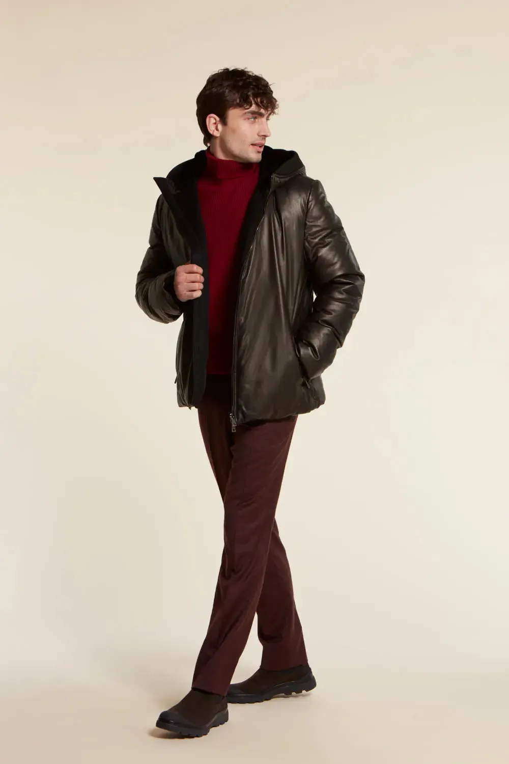 Leather down jacket mens