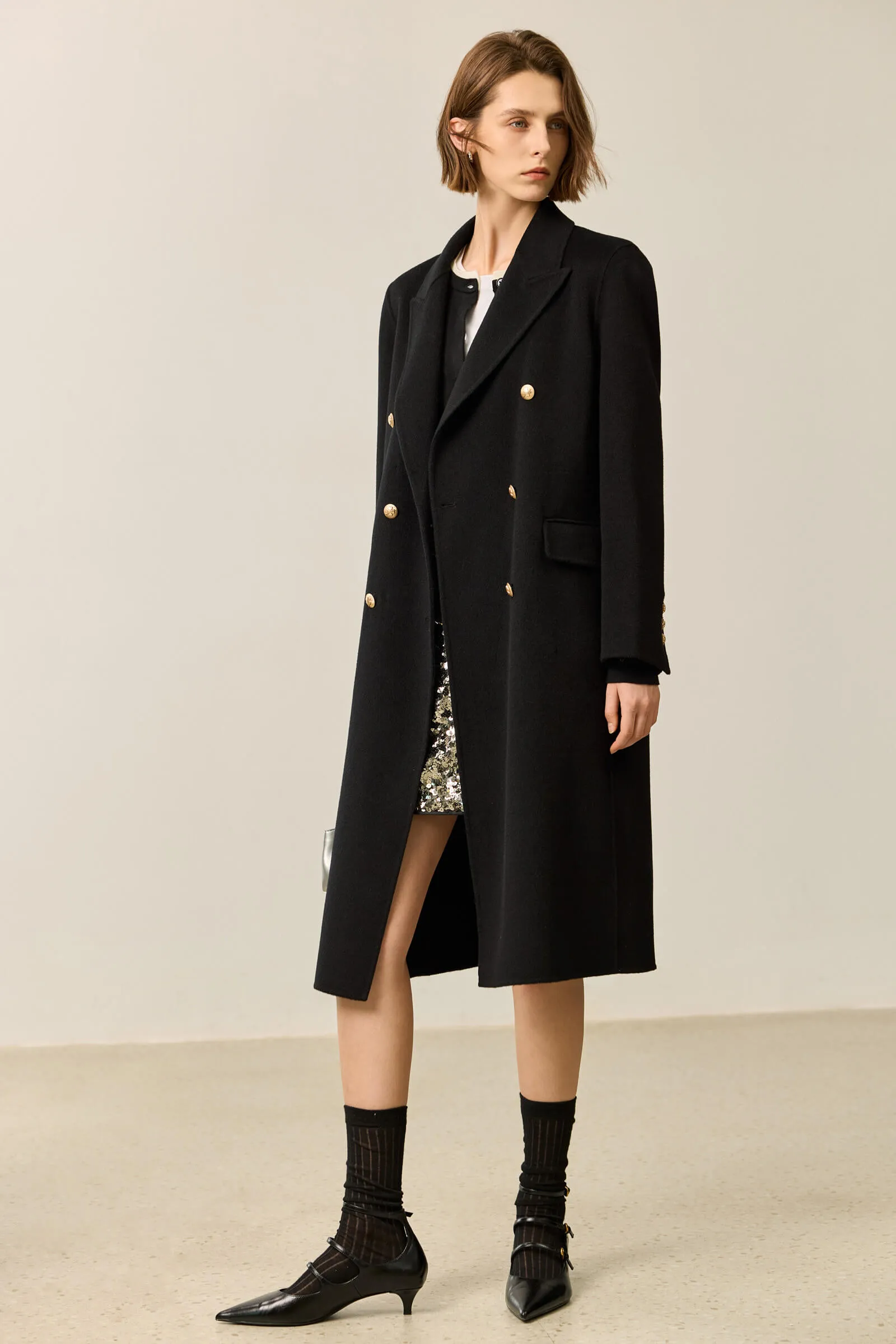 LILY Classic Double-Breasted Black Double-Faced Coat