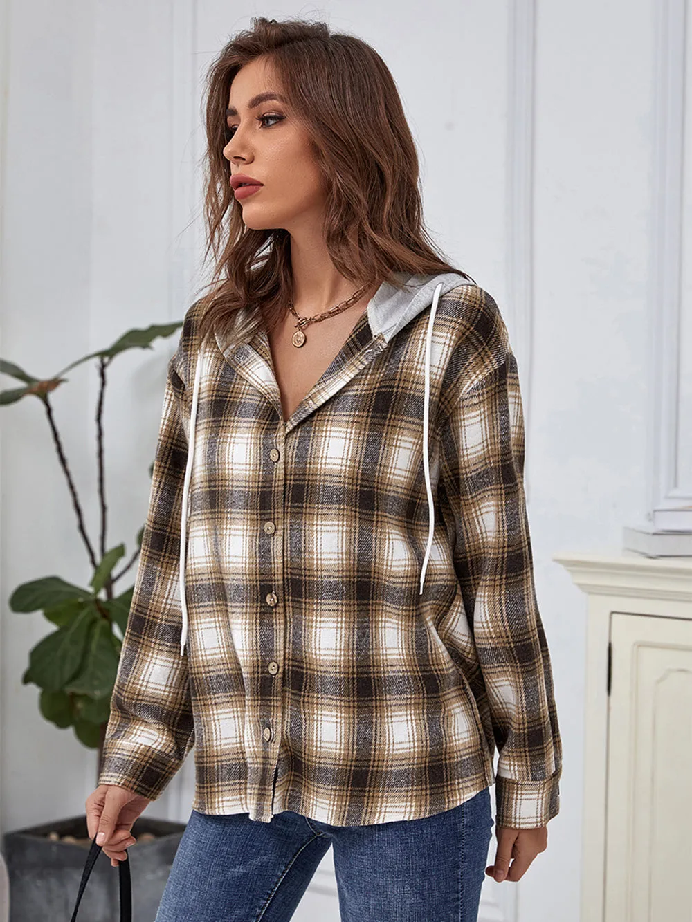 MECALA Women's Casual Long Sleeve Plaid Print Hooded Overshirts With Drawstring