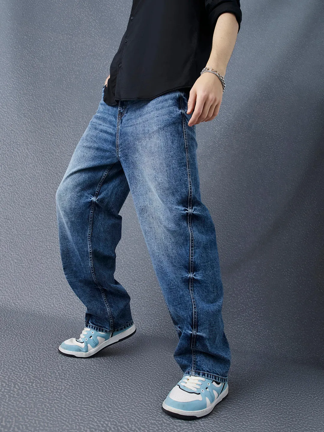 Men Premium Baggy Fit Shfted Seam Street Style Cotton Stretch Indigo Jeans