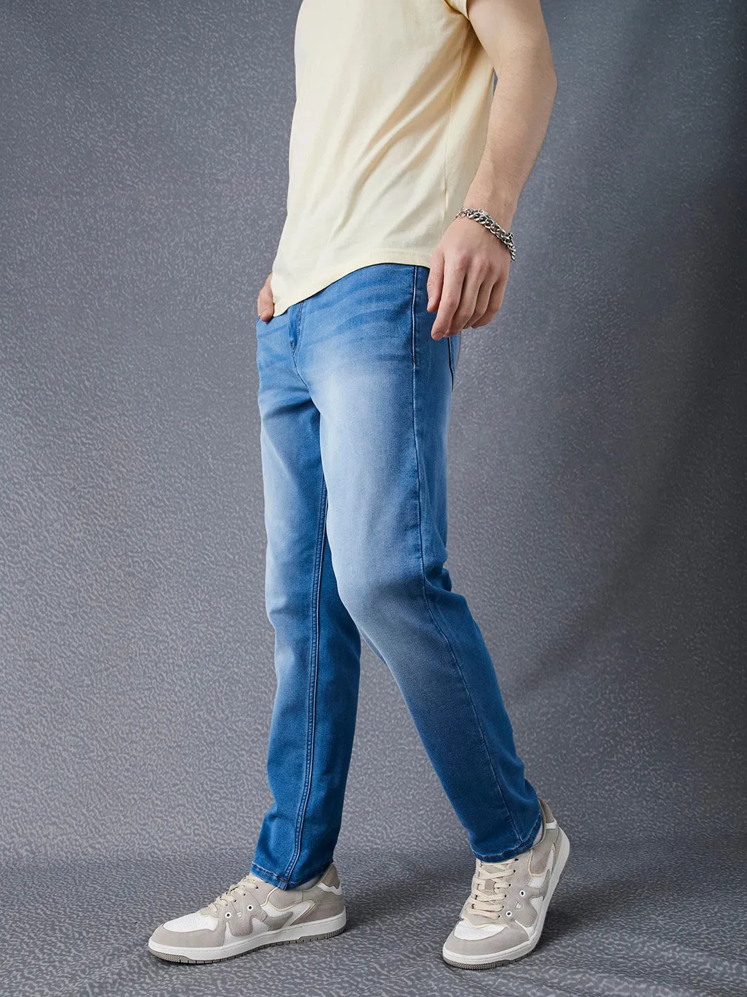 Men Premium High Stretch Light Indigo Slim Fit Blue Jeans