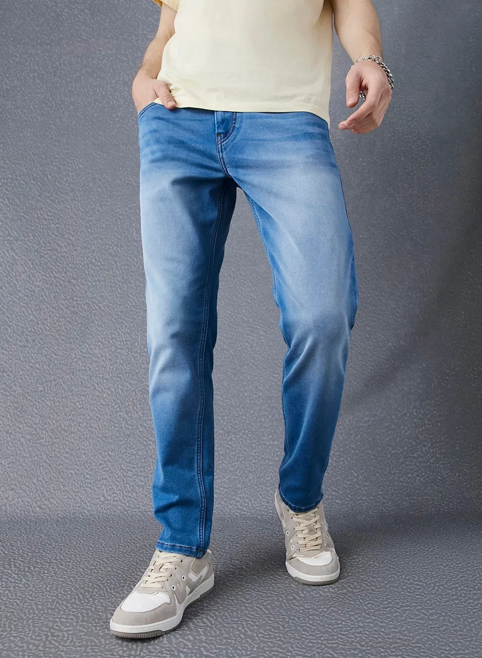 Men Premium High Stretch Light Indigo Slim Fit Blue Jeans