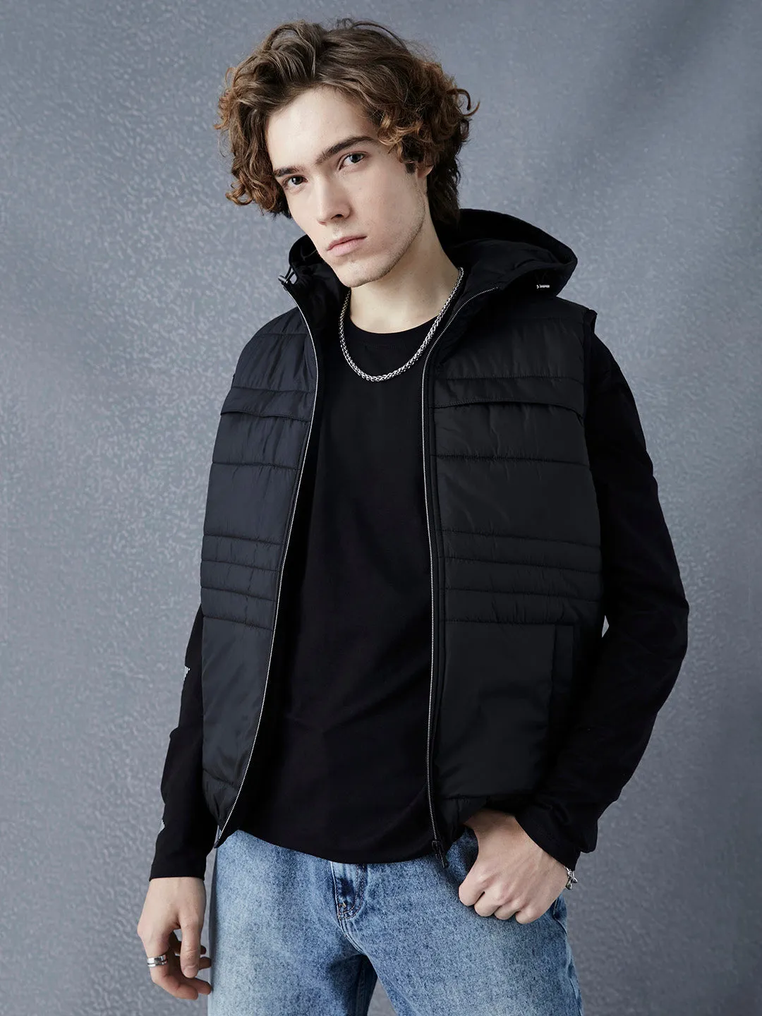 Men Premium Regular Fit Black Sleeveless Hoodie Jacket