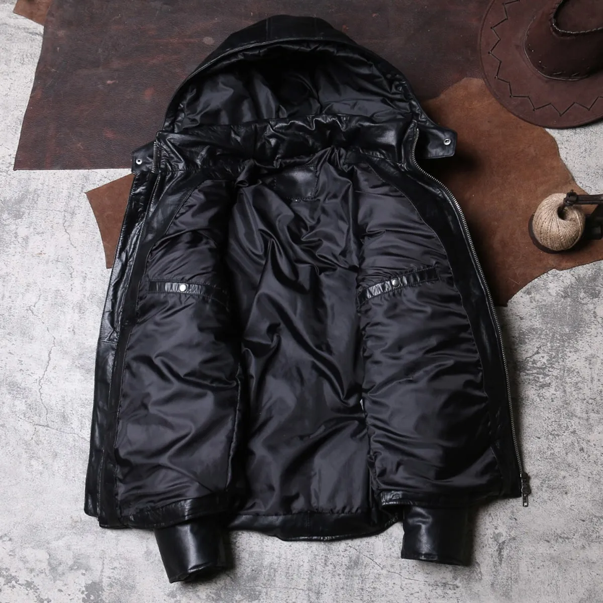 Men’s Black Genuine Sheepskin Removable Hood Padded Fashionable Warm Outfit Winter Puffer Leather Jacket