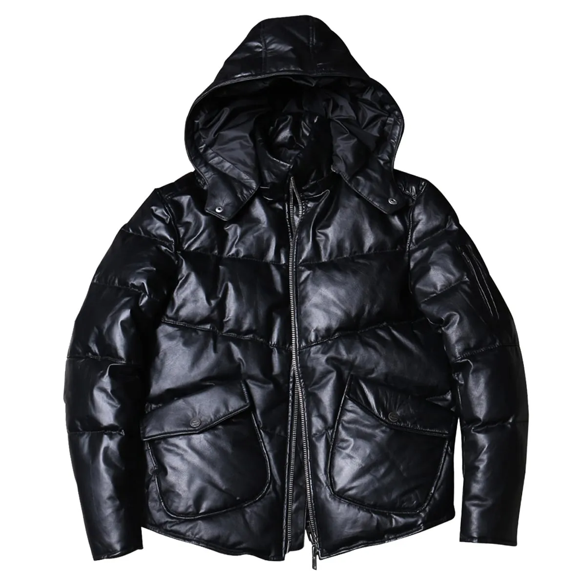 Men’s Black Genuine Sheepskin Removable Hood Padded Fashionable Warm Outfit Winter Puffer Leather Jacket