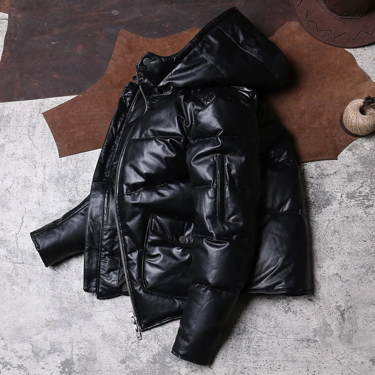 Men’s Black Genuine Sheepskin Removable Hood Padded Fashionable Warm Outfit Winter Puffer Leather Jacket