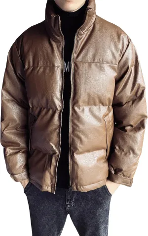 Men’s Coffee Genuine Sheepskin Stand Collar Winter Warm Casual Baggy Style Padded Puffer Leather Jacket