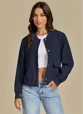 Navy Blue Women's Casual Fully Buttoned Jackets Baseball Collar Front Pocket Moderate Fit Slight Stretch.