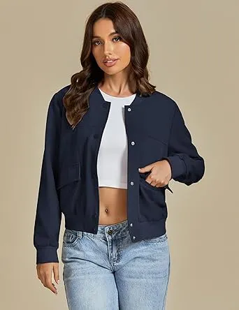 Navy Blue Women's Casual Fully Buttoned Jackets Baseball Collar Front Pocket Moderate Fit Slight Stretch.