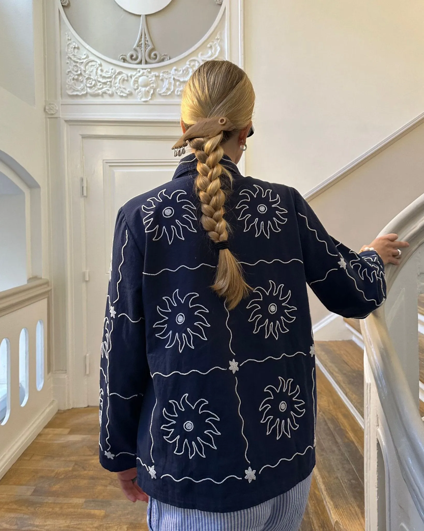 ORGANIC COTTON EMBROIDERED JACKET IN NAVY SUN