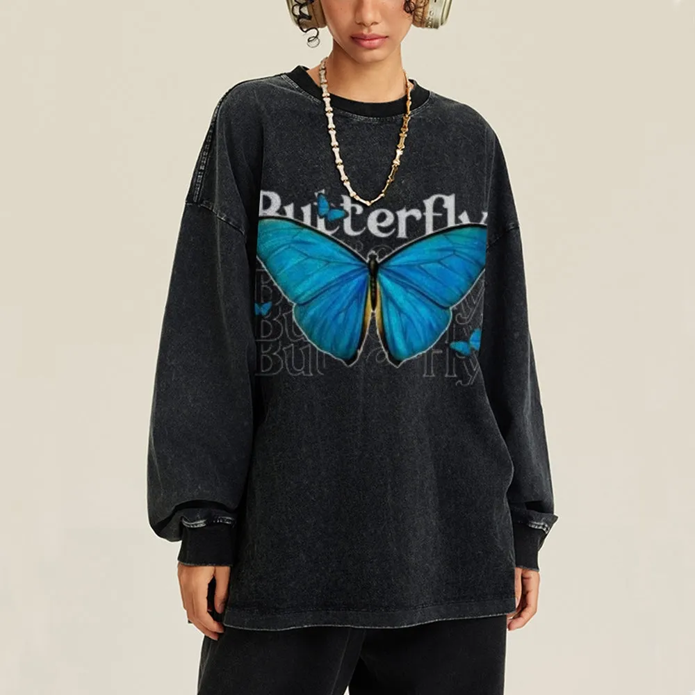 Oversized Vintage Washed Blue Butterfly Graphic Sweatshirt