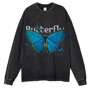 Oversized Vintage Washed Blue Butterfly Graphic Sweatshirt