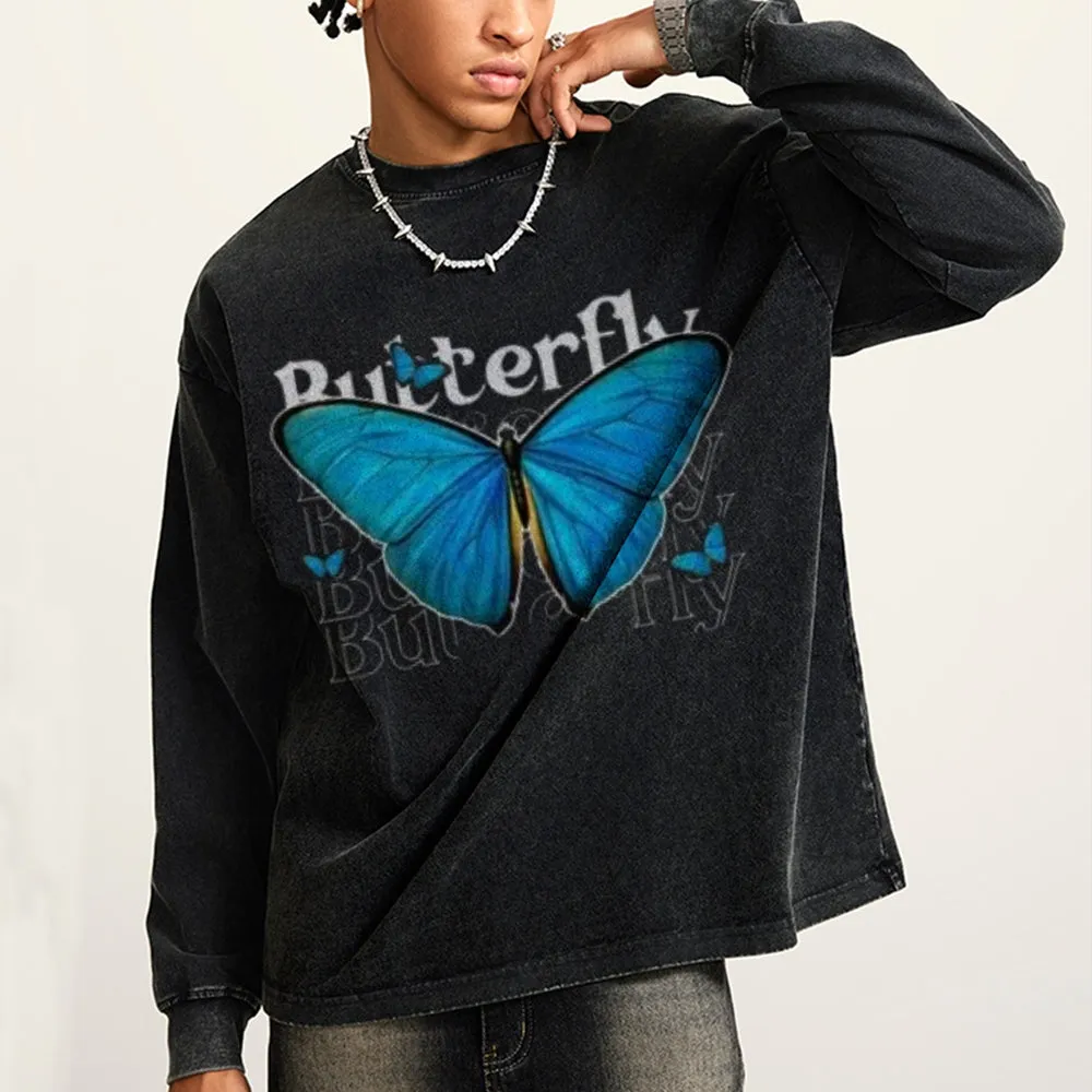 Oversized Vintage Washed Blue Butterfly Graphic Sweatshirt