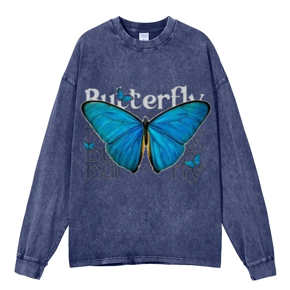 Oversized Vintage Washed Blue Butterfly Graphic Sweatshirt