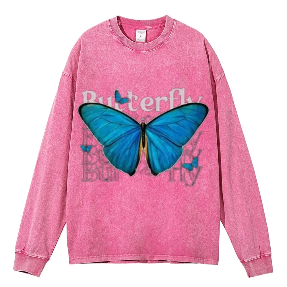 Oversized Vintage Washed Blue Butterfly Graphic Sweatshirt