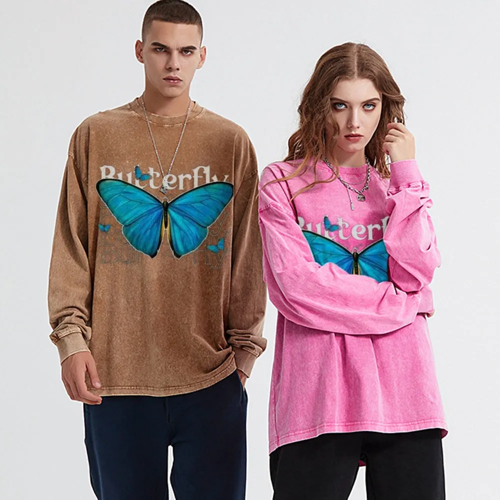 Oversized Vintage Washed Blue Butterfly Graphic Sweatshirt