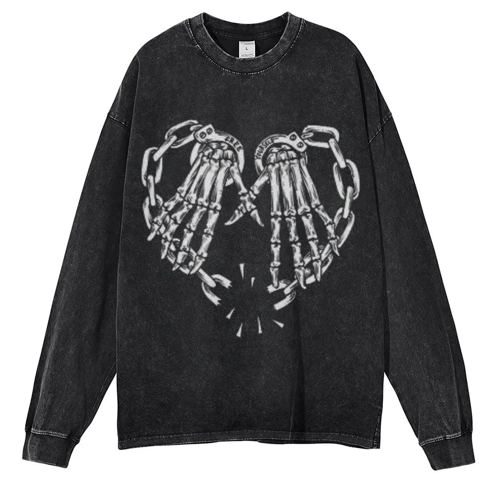 Oversized Vintage Washed Skeleton Heart Hand Graphic Sweatshirt