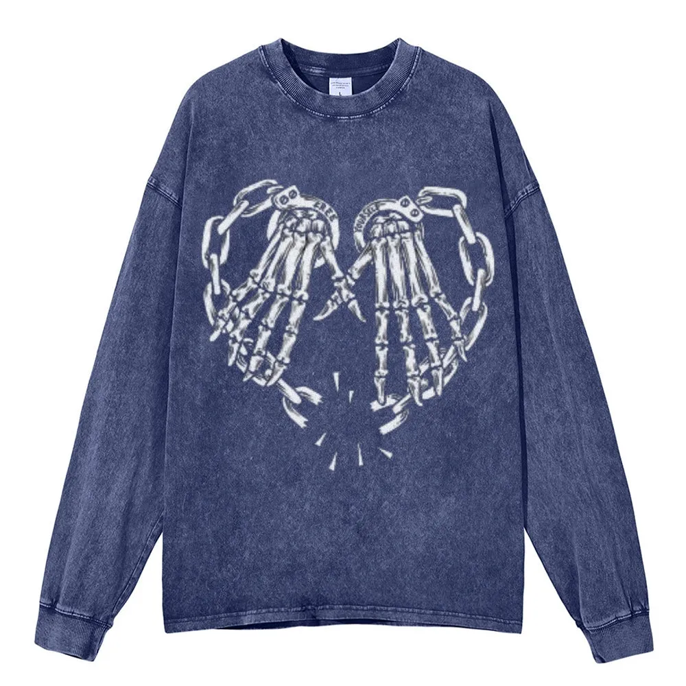 Oversized Vintage Washed Skeleton Heart Hand Graphic Sweatshirt