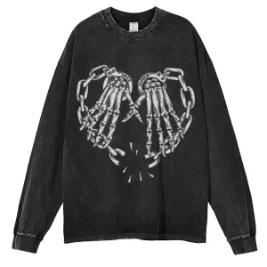 Oversized Vintage Washed Skeleton Heart Hand Graphic Sweatshirt