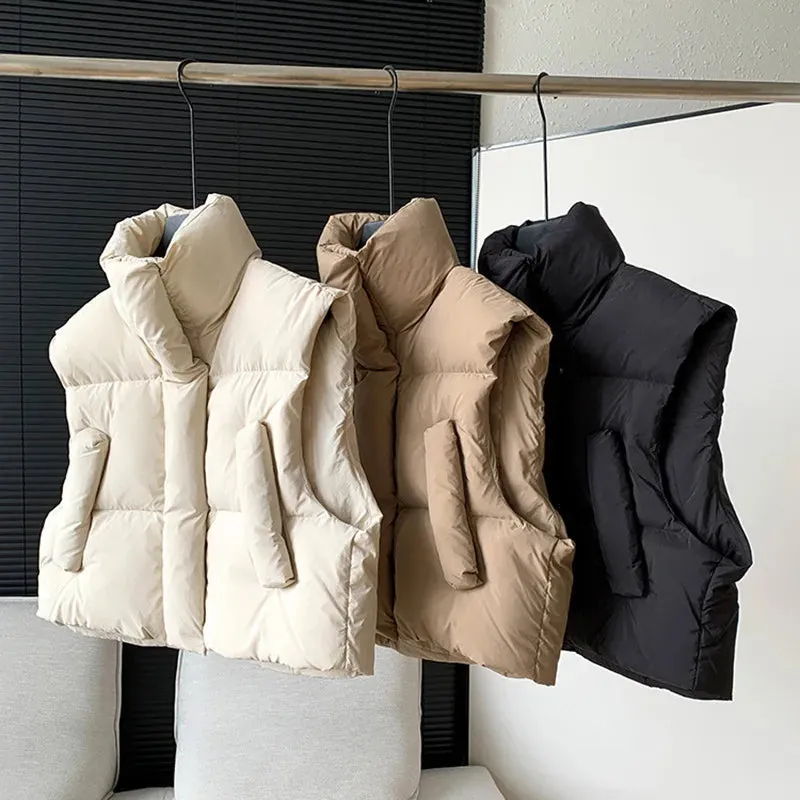 Pre Order:  Stand Collar Solid Short Puffer Vest