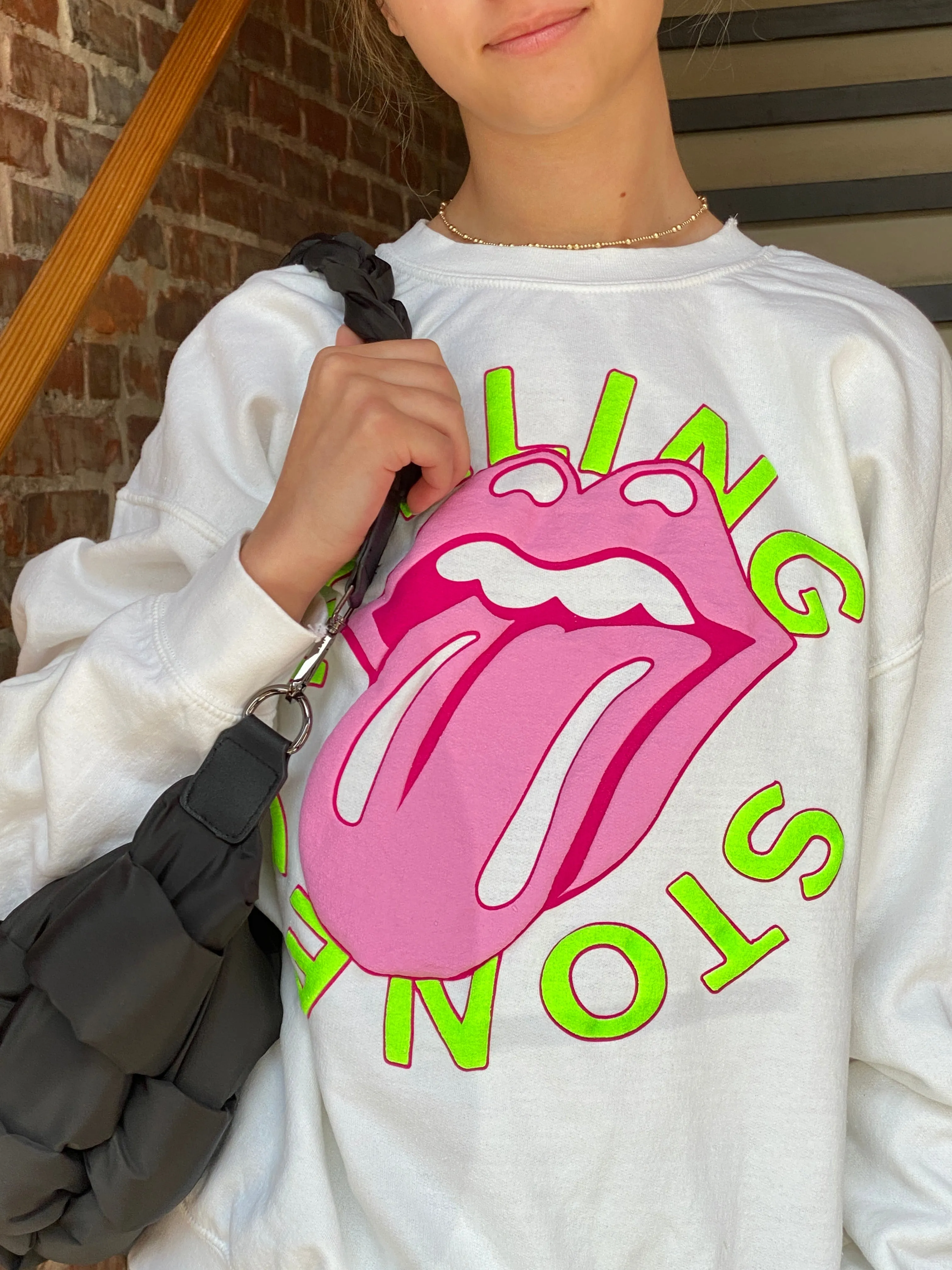 ROLLING STONES NEON PUFF LICK WHITE THRIFTED SWEATSHIRT