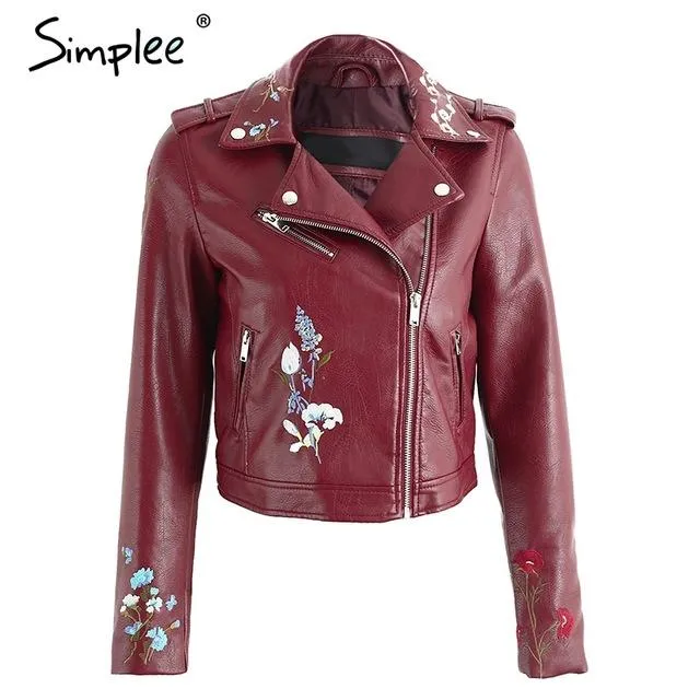 Simplee Embroidery faux leather coat Motorcycle zipper wine red leather jacket women Fashion cool outerwear winter jacket 2017