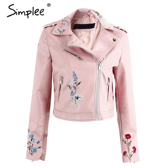 Simplee Embroidery faux leather coat Motorcycle zipper wine red leather jacket women Fashion cool outerwear winter jacket 2017