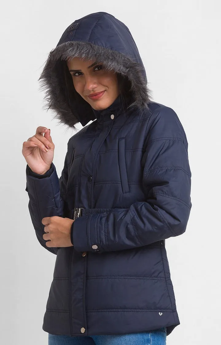 Spykar Navy Nylon Full Sleeve Hooded Jacket For Women