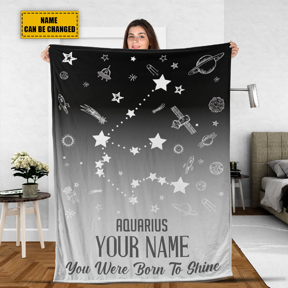 Teesdily | Aquarius Customized Fleece Blanket Constellation Blanket You Were Born To Shine Fleece Personalized Name Zodiac Blankets Astrology Gifts