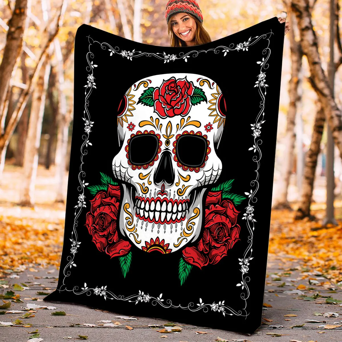 Teesdily | Sugar Skull Rose Blanket Soft Throw Skull Fleece Throw Blanket For Kids Teens Couple Skeleton Bed Blanket Halloween Day Of The Dead Gifts