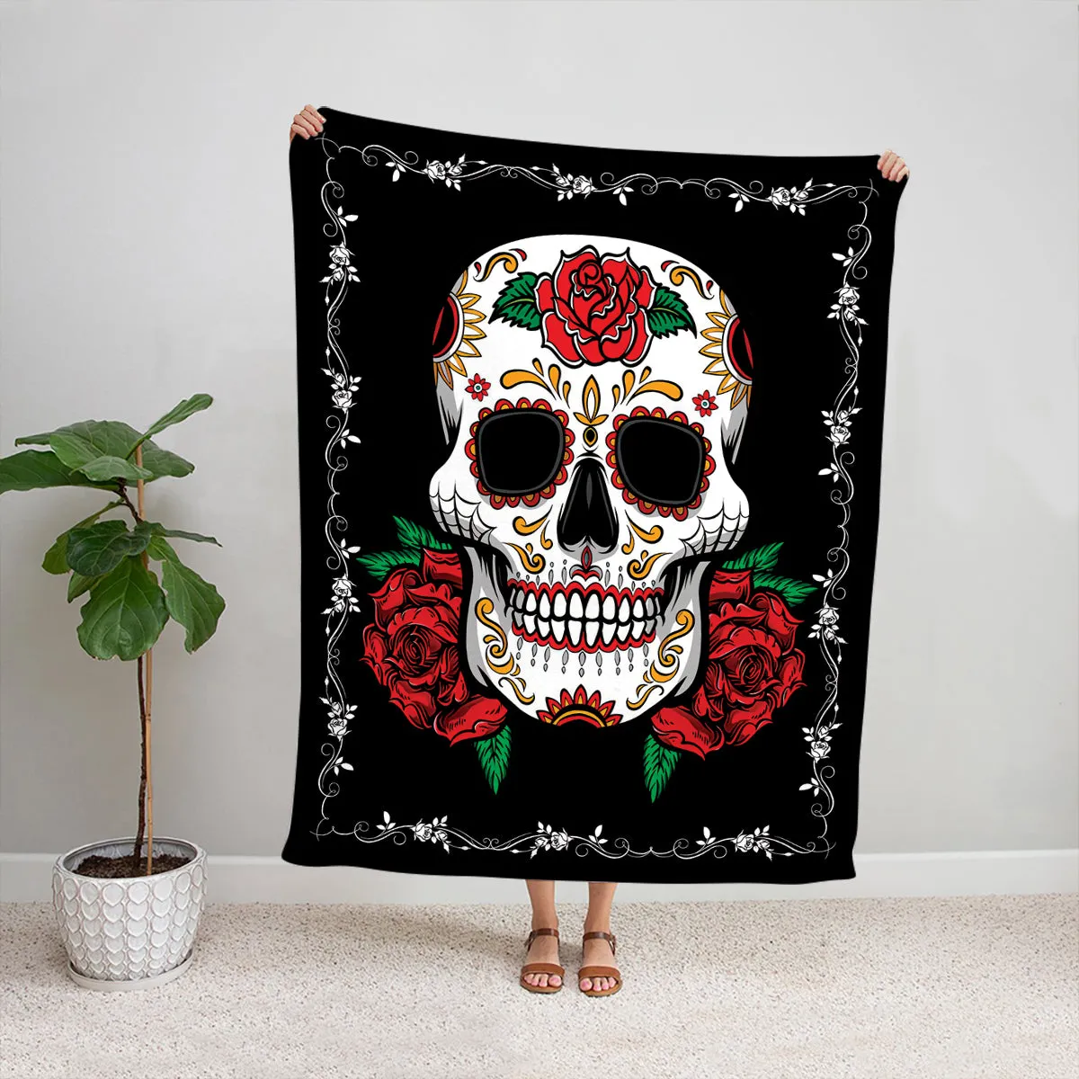 Teesdily | Sugar Skull Rose Blanket Soft Throw Skull Fleece Throw Blanket For Kids Teens Couple Skeleton Bed Blanket Halloween Day Of The Dead Gifts