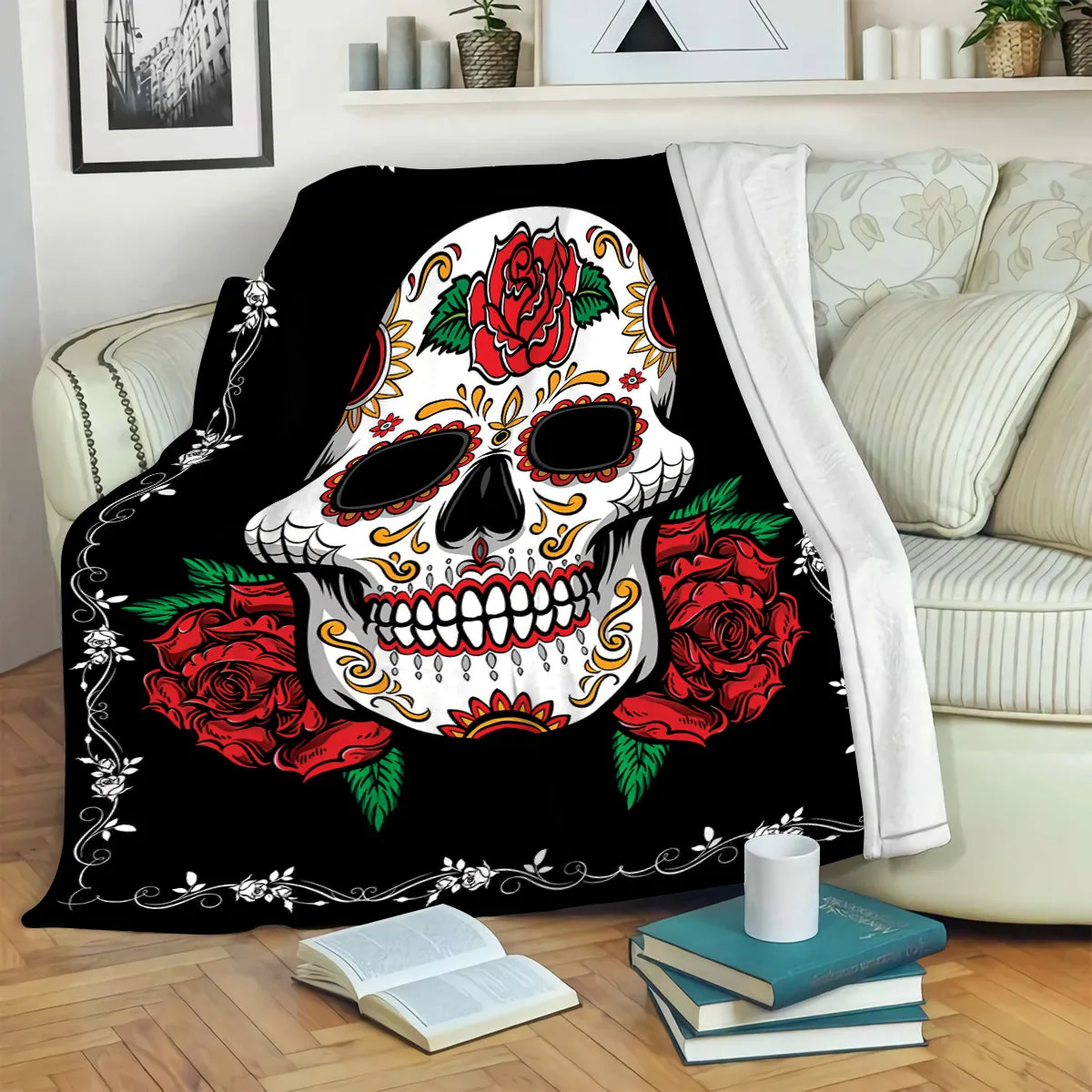 Teesdily | Sugar Skull Rose Blanket Soft Throw Skull Fleece Throw Blanket For Kids Teens Couple Skeleton Bed Blanket Halloween Day Of The Dead Gifts