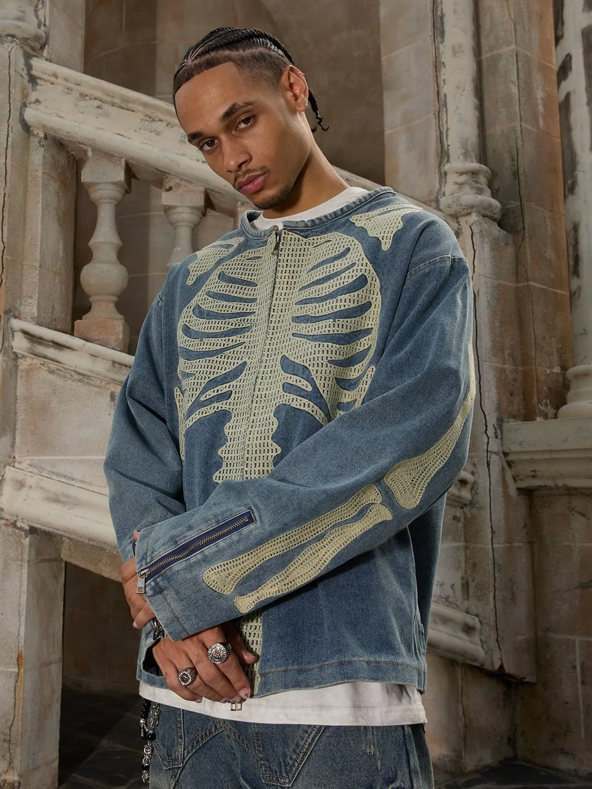 Thesupermade Heavy Bone Embroidered Washed Denim Jacket