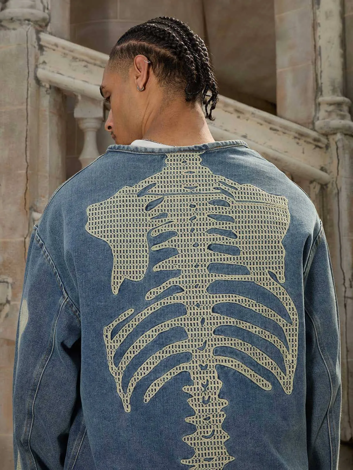 Thesupermade Heavy Bone Embroidered Washed Denim Jacket