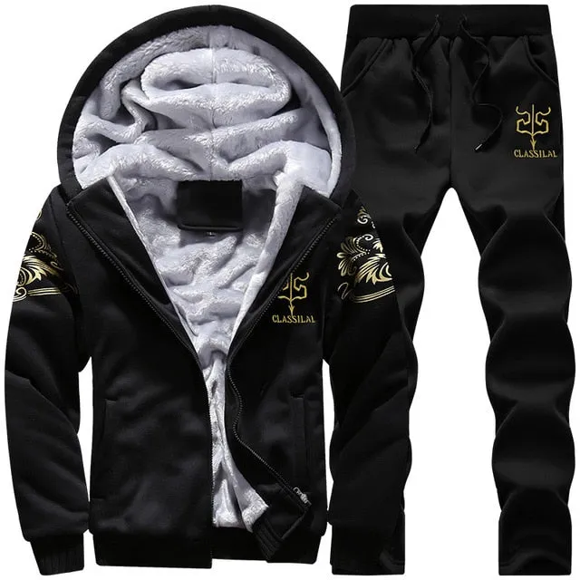 Tracksuit Men Sporting Fleece Thick Hooded Brand-Clothing Casual Track Suit Men Jacket Pant Warm Fur Inside Winter Sweatshirt