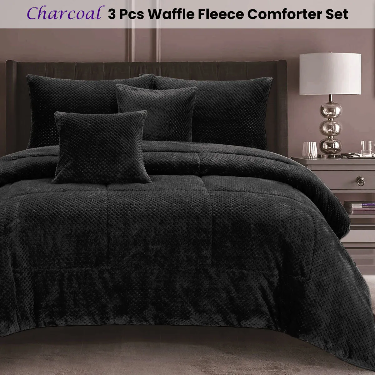 Waffle Fleece Charcoal 3 Pcs Comforter Set Double