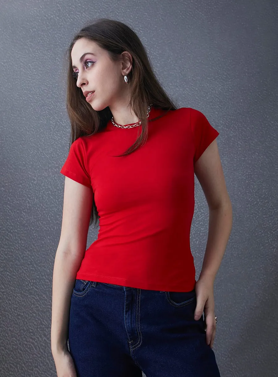 Women Premium Cotton Stretch Slim Fit Red T Shirt