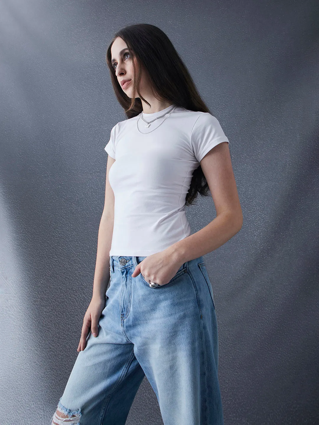 Women Premium Cotton Stretch Slim Fit White T Shirt