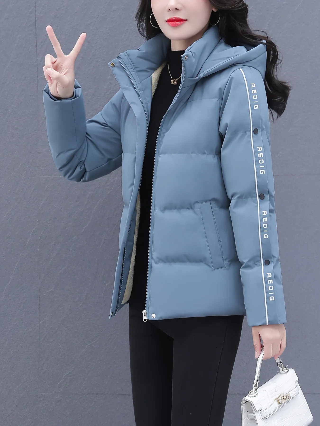 Women's Plus Size Fashion Puffer Jacket - Casual Hooded Winter Coat with Zip-Up Front, Long Sleeves & Letter Print Design