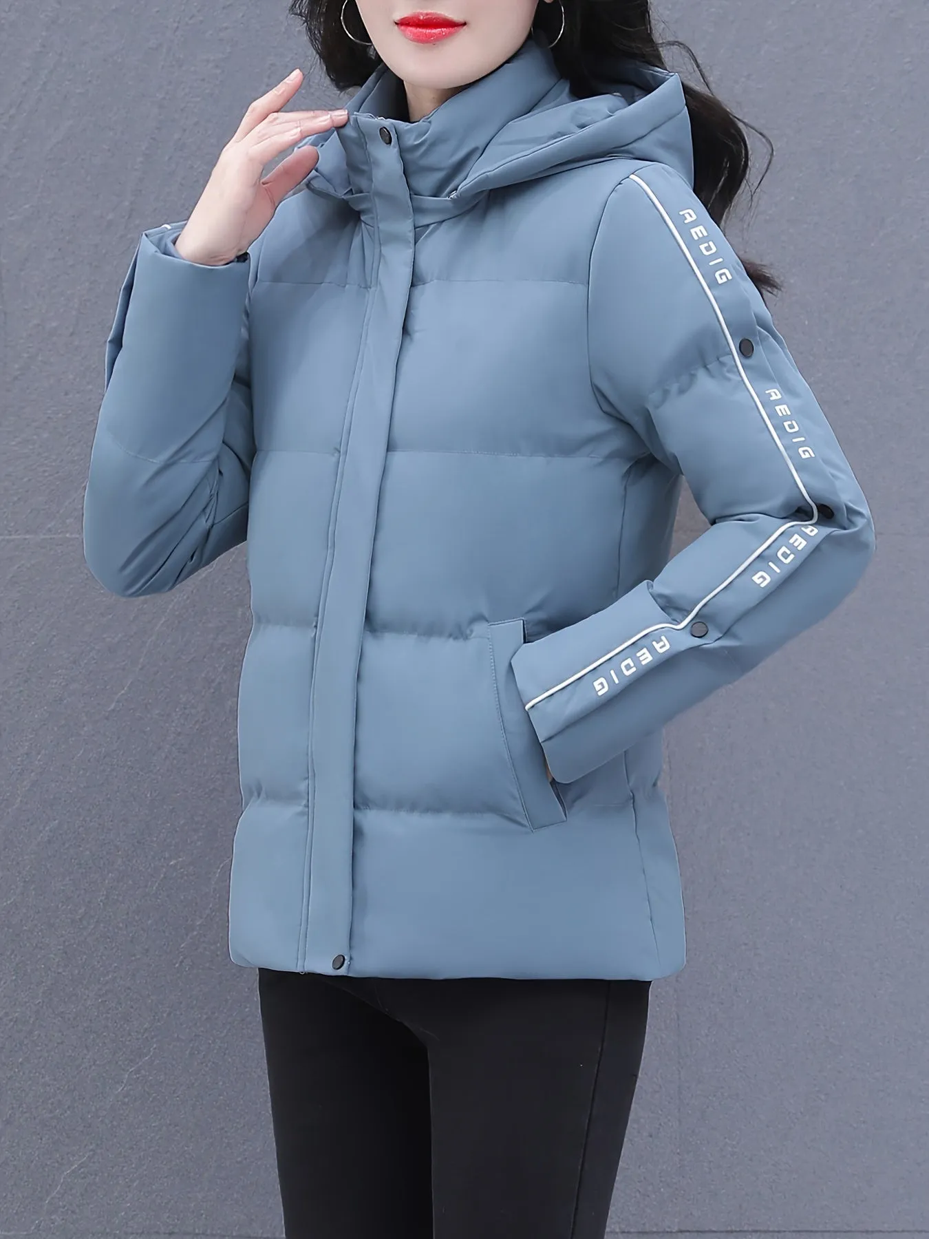 Women's Plus Size Fashion Puffer Jacket - Casual Hooded Winter Coat with Zip-Up Front, Long Sleeves & Letter Print Design