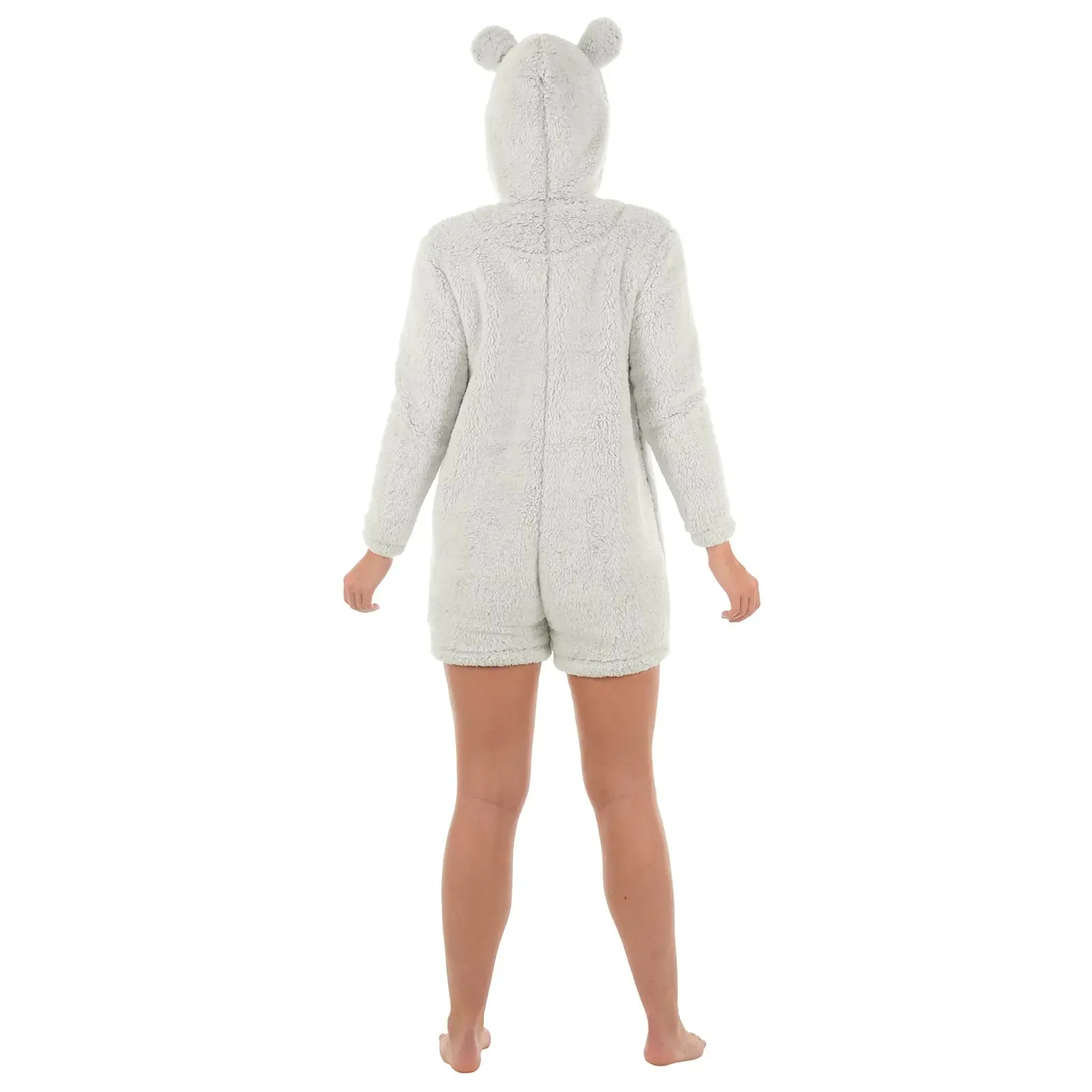 Womens Sherpa Fleece Hooded Romper Winter Casual Playsuit Grey