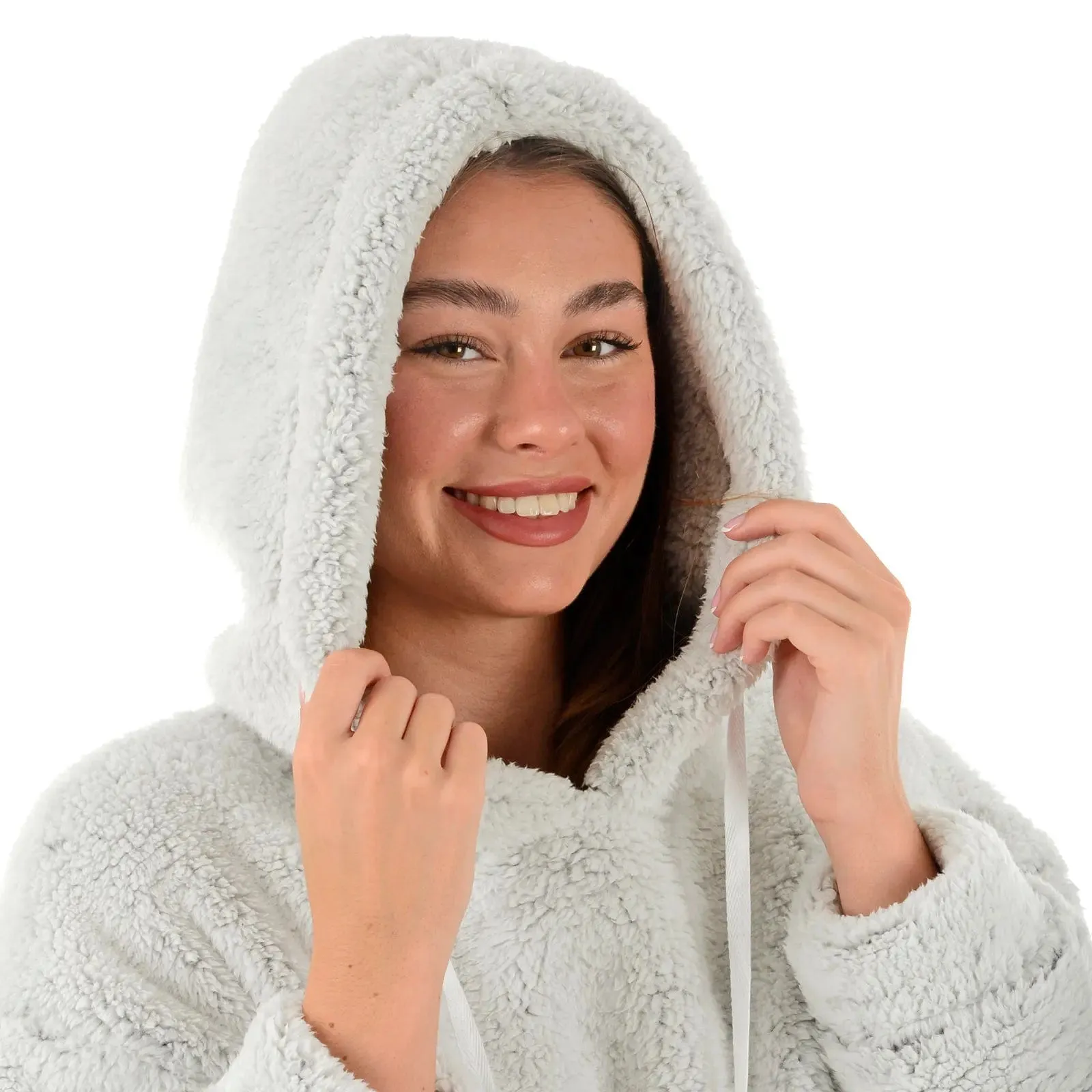 Womens Sherpa Fleece Hoodie Top Thick Plush Loungewear Grey